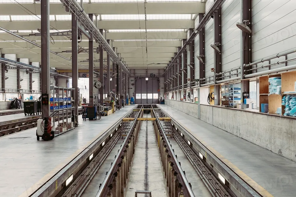 Interior de hală industrială cu deschidere mare și iluminat pe toată lungimea